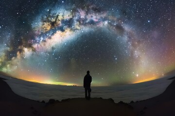 Fototapeta premium A lonely person looking into the stunning sky with stars and planets.