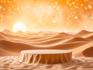 Sandy Oasis Product Display in Desert Landscape.