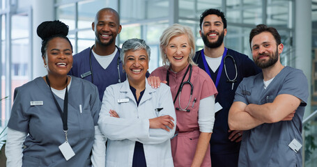 Portrait, diversity and doctors in hospital, group and confidence with happiness. Employees,...