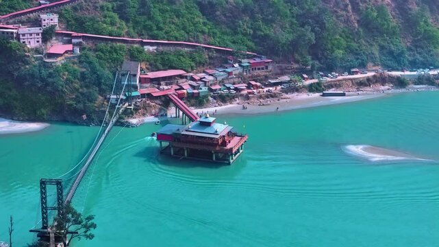 Sacred Dhari Devi Temple revealed through cinematic drone visuals of Uttarakhand.