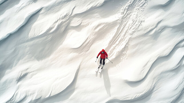 Intricate patterns of a skier carving through pristine alpine snow captured from above in high resolution