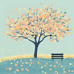 A spring scene with tree, bench and flowers in pastel colours. 