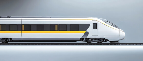 Sleek high-speed train racing through a futuristic landscape with dynamic motion blur and sharp cinematic lighting