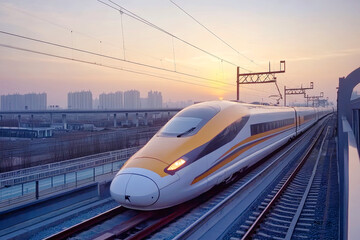 Fototapeta premium Experience the thrill of a modern high-speed train gliding through a sunset landscape with cinematic splendor and motion blur effects
