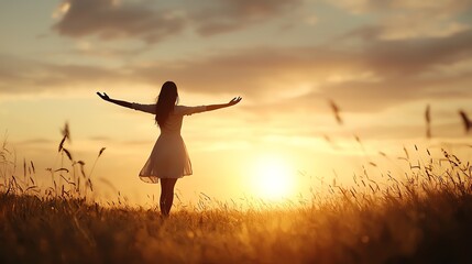 A vibrant glow around a silhouette of a woman dancing at sunset, capturing the essence of freedom and joy, sunset glowtime, emotional and inspiring