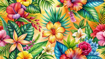 Watercolor Painting of Exotic Flowers in a Summer Background with Copy Space for Text and Design Elements