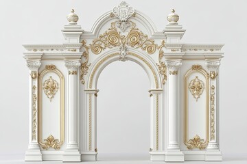 white and cream royal arch gate architecture with golden intricate royal carvings on white background 
