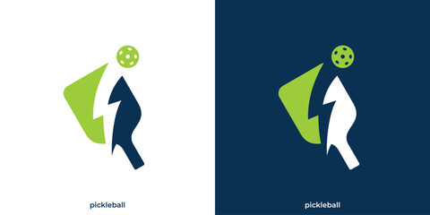 Simple Pickleball Logo with a Combination of Paddle or Racket, Ball and Lightning Icon Graphic. Pickleball Power Logo Design Template.