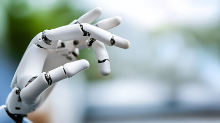 Close-up of a robotic hand with articulated fingers in a natural light environment, symbolizing advanced robotics technology