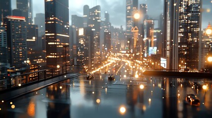 Naklejka premium Glowing cityscape from a bird s eye view, neon lights creating a vibrant web, futuristic glowtime, dynamic urban energy