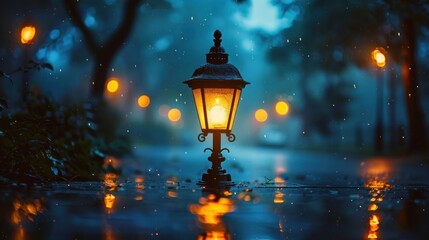 A glowing lantern illuminates a rainy street, reflecting warm light on wet pavement.