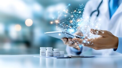 Doctor using a tablet with digital network hologram above, surrounded by prescription medicine bottles on a desk in a medical setting