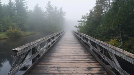 wooden bridge that goes into a misty forest