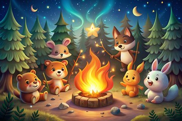 Naklejka premium Whimsical Cartoon Campfire Scene with Cozy Flames, Smiling Marshmallows, and Playful Forest Animals Enjoying a Night Under the Stars in a Vibrant Outdoor Setting