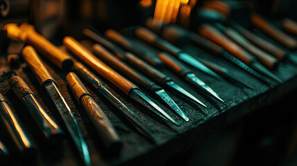 A close-up view of various woodworking tools arranged on a workbench, showcasing their unique shapes and wooden handles in a dimly lit environment.
