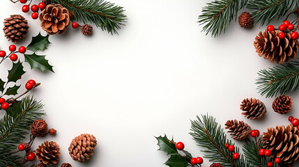 A festive arrangement of pine branches, cones, and holly berries framing a blank space, ideal for holiday greetings or seasonal decoration.