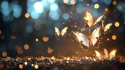 Glowing neon butterflies fluttering in a dark garden, magical glowtime, enchanting and whimsical