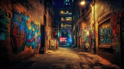 Fototapeta premium A narrow alleyway showcases colorful graffiti art along brick walls. Trash and debris are scattered on the ground, emphasizing urban decay and creativity.
