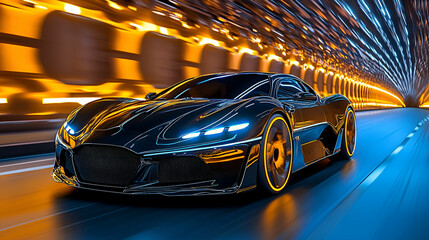 Naklejka premium A sleek black supercar accelerates through a vibrant illuminated tunnel, showcasing dynamic motion and modern design.