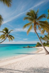 Fototapeta premium Tropical Paradise Beach with Turquoise Waters and Palm Trees.