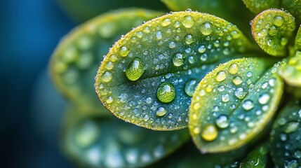 Detailed Macro Photograph Showcasing the Intricate Texture and Vibrant Color Contrast of Lush Green Leaves with Dazzling Dew Droplets in a Natural Close up Setting