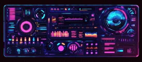 Obraz premium Futuristic neon interface with glowing buttons, knobs, and displays.
