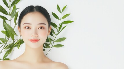 Fototapeta premium A serene portrait of a woman with a natural look, surrounded by lush green leaves against a clean background.