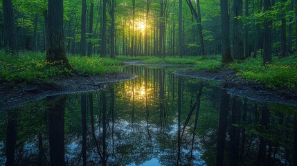 Obraz premium Serene Sunset Reflection Forest Stream Trees and Wildflowers