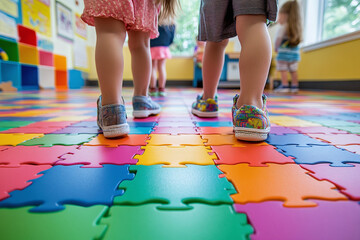 A classroom scene with colorful interactive floor tiles.