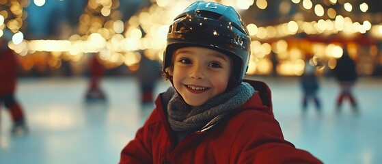 Obraz premium Families enjoying a fun filled festive children ice skating at an outdoor illuminated rink under twinkling holiday lights in a winter city night scene
