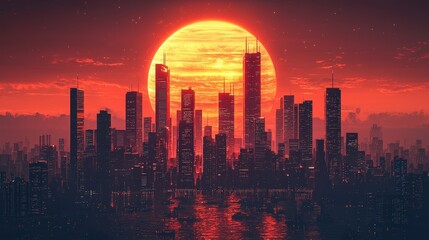 Fototapeta premium Futuristic Mars Cityscape Red Sunset Giant Planet Skyline