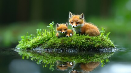 Fototapeta premium Two foxes resting on a small green island surrounded by water, reflecting their image.
