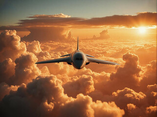 Airplane against sunset and clouds. Close-up.