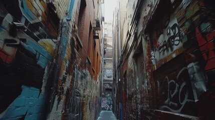 Naklejka premium A narrow alleyway showcases colorful graffiti art along brick walls. Trash and debris are scattered on the ground, emphasizing urban decay and creativity.