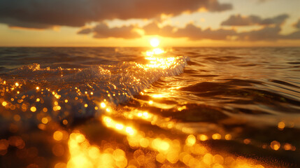 A breathtaking golden hour sunset reflected on the calm ocean waters. Perfect for travel and nature websites.