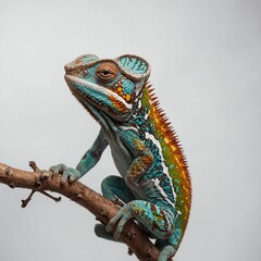 Obraz premium A colorful chameleon clinging to a branch, mid-change, on a white background.
