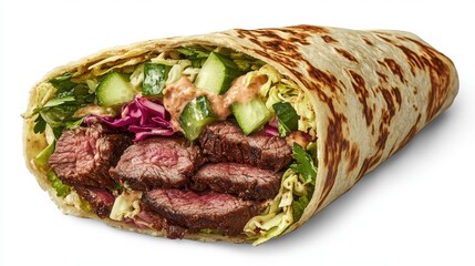 Obraz premium A beef wrap packed with tender slices of meat, crisp vegetables, and a creamy sauce is neatly rolled in a warm tortilla. This satisfying dish is ideal for a quick meal.