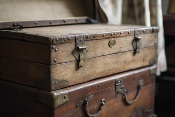 A weathered wooden trunk showcases intricate details and vintage hardware, suggesting stories untold.