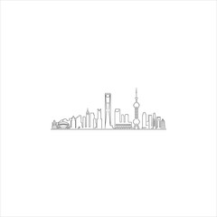 Shanghai Skyline Minimalist:  A simple, yet striking minimalist line art illustration depicting the iconic skyline of Shanghai, featuring the Oriental Pearl Tower, Jin Mao Tower.