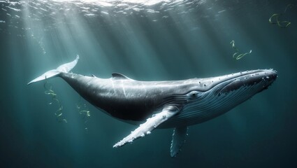 Fototapeta premium blue whale swims alone in the deep ocean.