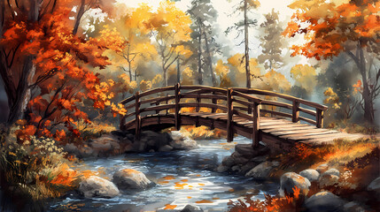 Watercolor painting of a wooden bridge over a stream in a forest with autumn foliage. Rustic Wooden Bridge. Illustration