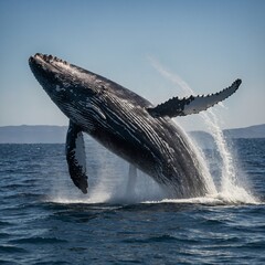 A breaching humpback whale surrounded by glistening water.

