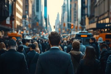 Fototapeta premium Rush Hour Cityscape Back View of Anonymous City Dweller