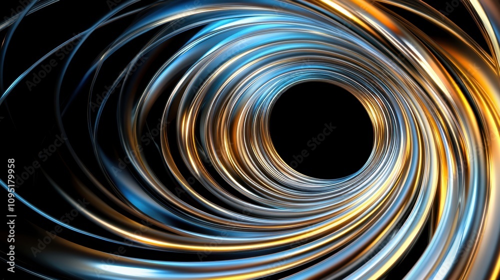 Poster spiral construction of metallic elements creating a dynamic inward motion toward the center