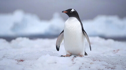 Obraz premium Penguin standing on a snowy surface in Antarctica, showcasing its sharp features and natural habitat.