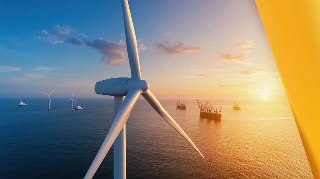 Greenery and sustainable environmental concept. Wind turbine at sunset with offshore oil rigs in view.