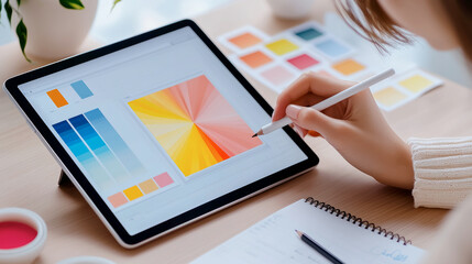 Creative workspace showcasing logo design process with a focus on minimalism, color swatches, and digital tools for a professional aesthetic