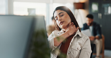 Business, computer and woman in office, neck pain and muscle tension with stress. Person, magazine editor and journalist in workplace, pc and tired with shoulder strain, inflammation and burnout