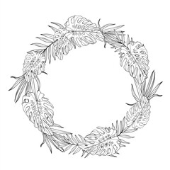 Vector monochrome monstera and palm plant vector wreath with empty space for text. Tropical areca, Cycas house plant line art black ink sketch. Floral illustration for greeting cards, invitation © Masha_tolk_art
