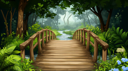 Fototapeta premium Jungle trail with rustic wooden bridge crossing a stream. Rustic Wooden Bridge. Illustration